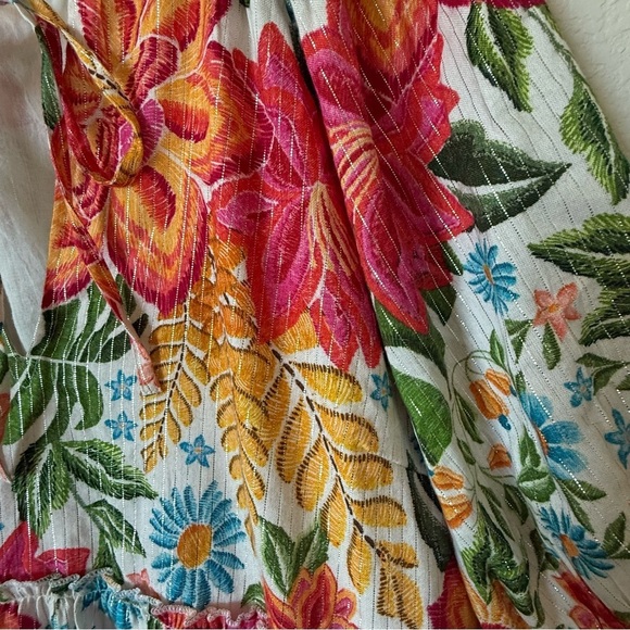 En Crème Floral Printed Puff Sleeve Tiered Mini Dress with Lurex Medium - Picture 10 of 15